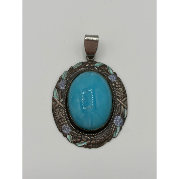 Jewelry - Vintage Oval Turquoise Enamel Floral Silver Tone Pendant Cabochon Boho Charm